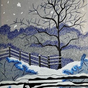 Vintage MIXED MEDIA Illustration / WINTER LANDSCAPE / Unknown Artist ‘Terry ‘03’
